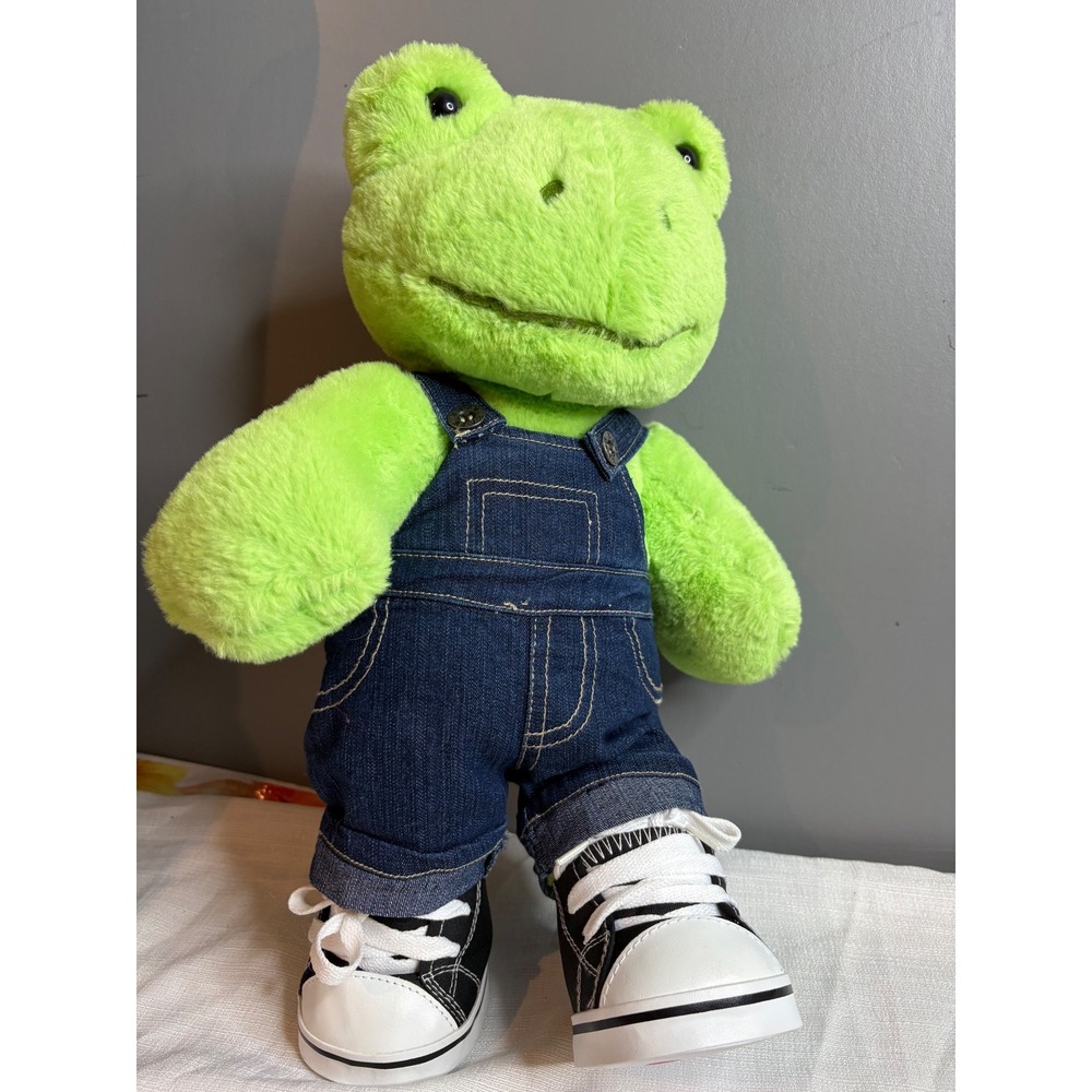 Build A Bear Spring Green Frog Plush with Denim Overalls and Sneakers Outfit